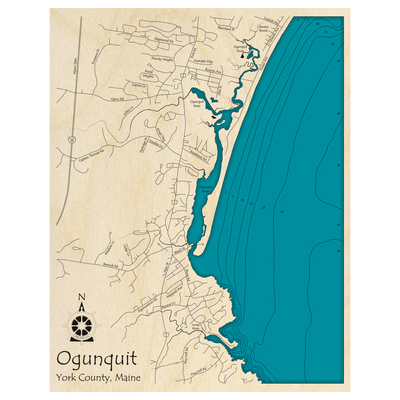 Bathymetric topo map of Ogunquit, ME with roads, towns and depths noted in blue water.
