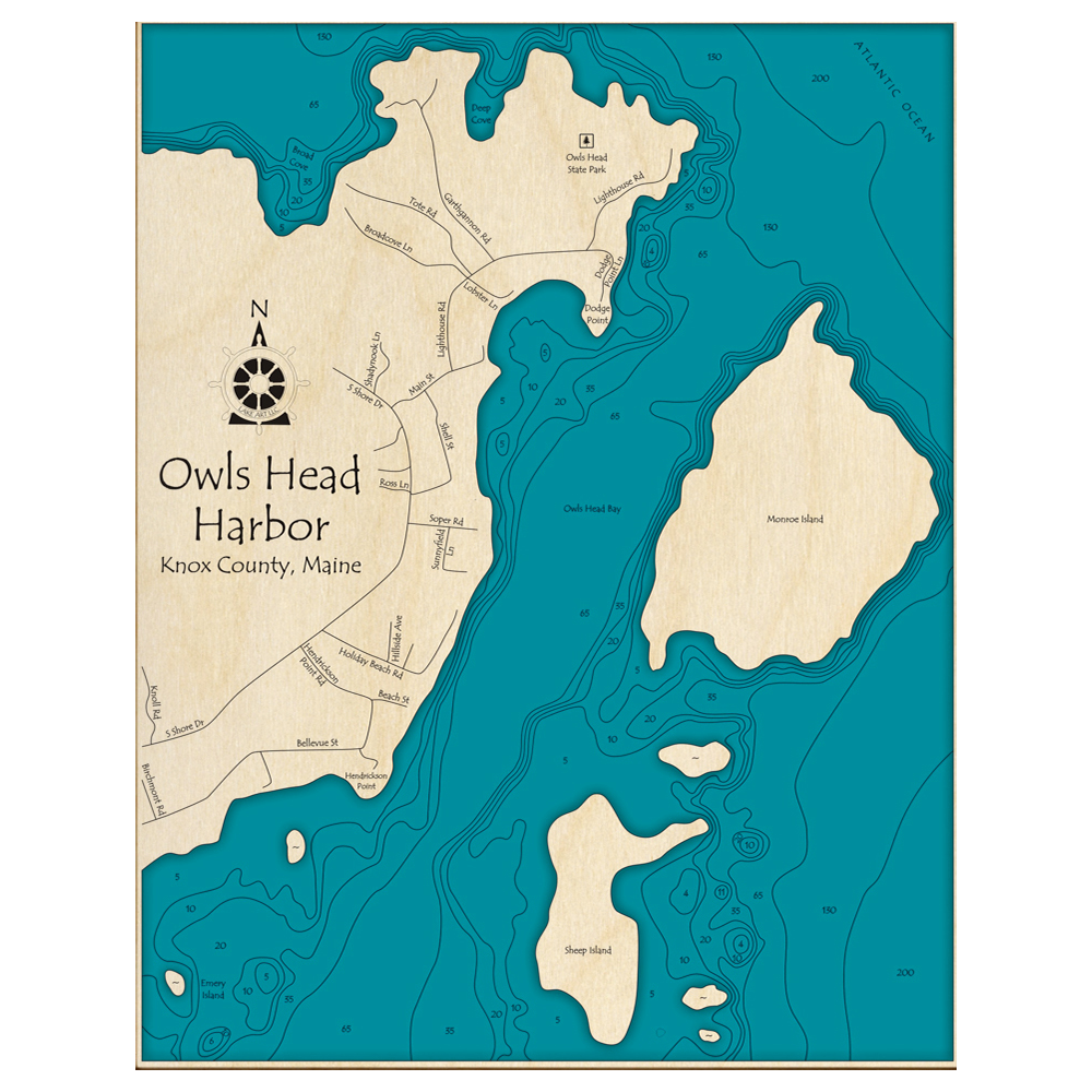 Bathymetric topo map of Owls Head Harbor, ME with roads, towns and depths noted in blue water.