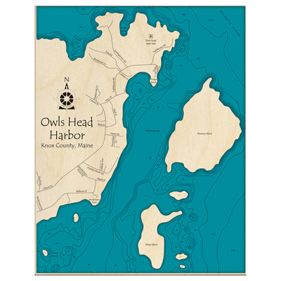 Bathymetric topo map of Owls Head Harbor, ME with roads, towns and depths noted in blue water.