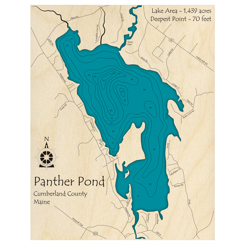 Bathymetric topo map of Panther Pond, ME with roads, towns and depths noted in blue water.