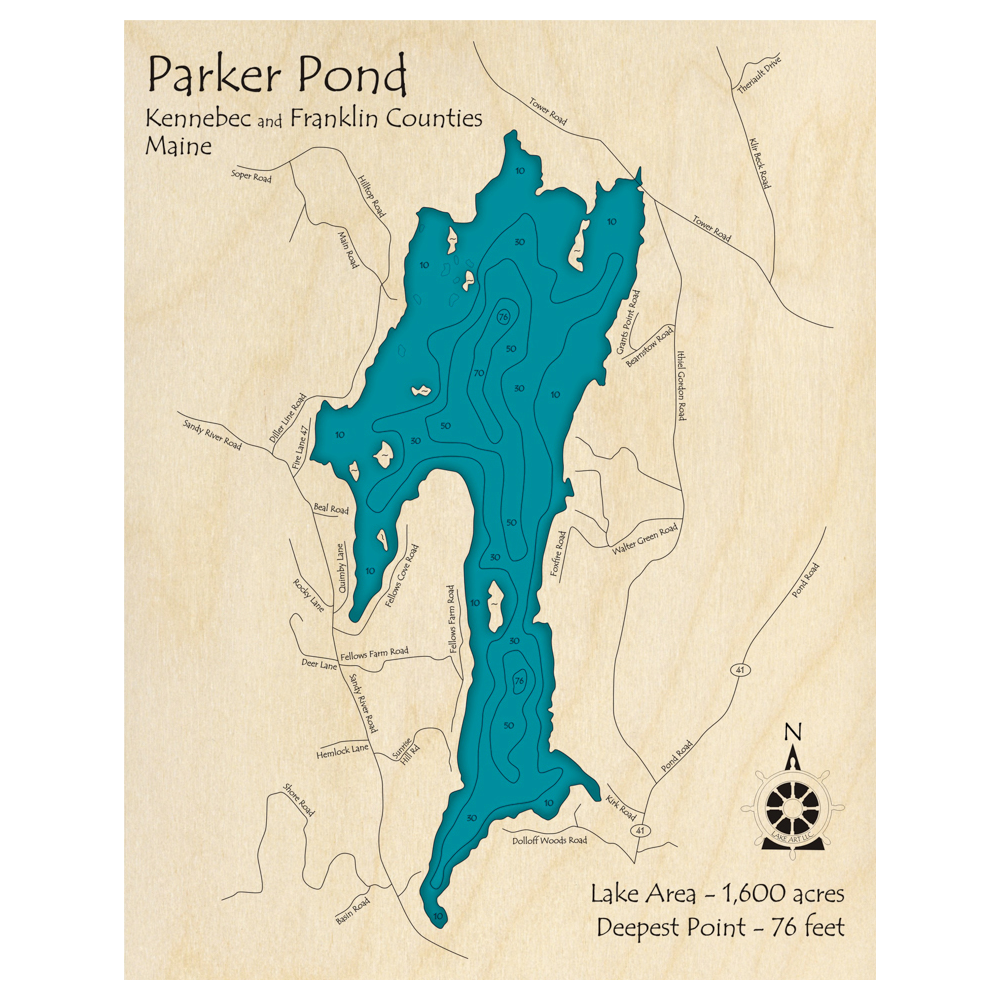 Bathymetric topo map of Parker Pond, ME with roads, towns and depths noted in blue water.