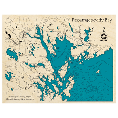 Bathymetric topo map of Passamaquoddy Bay (NB, ME) with roads, towns and depths noted in blue water.