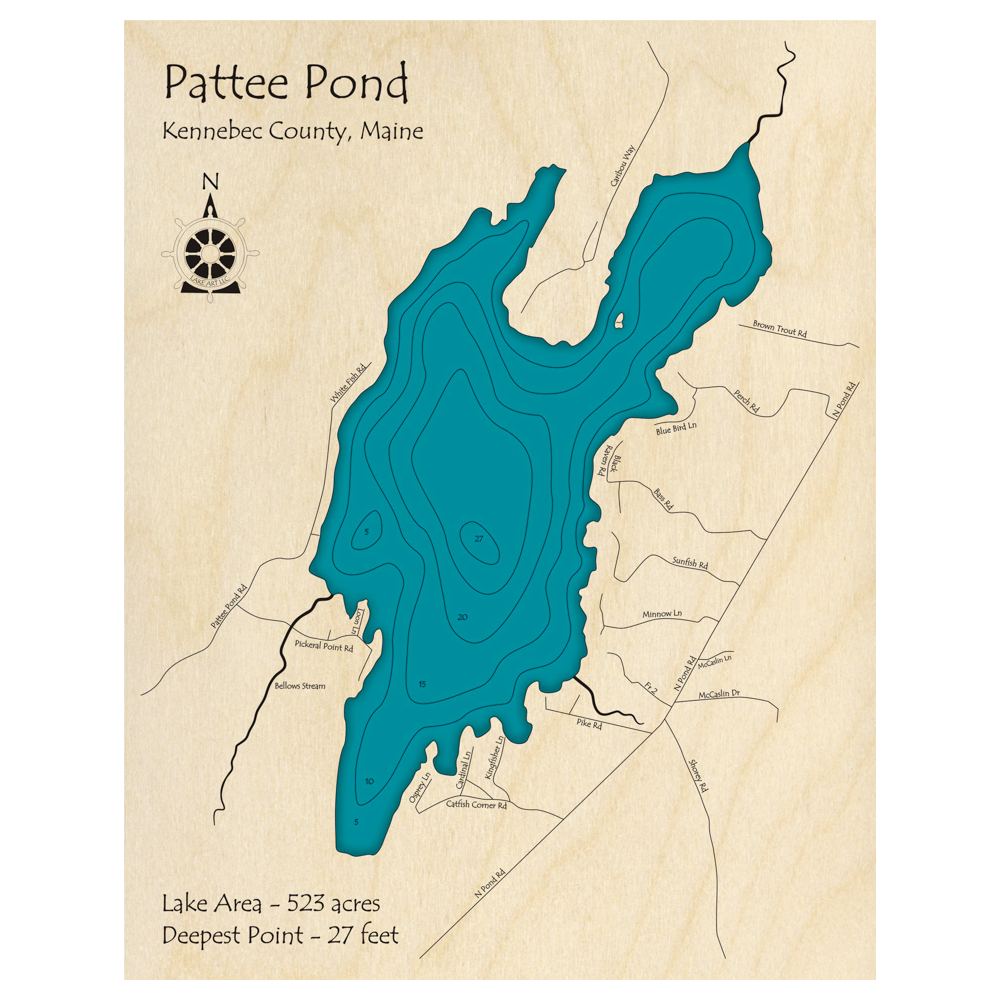 Bathymetric topo map of Pattee Pond, ME with roads, towns and depths noted in blue water.