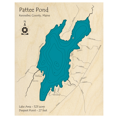 Bathymetric topo map of Pattee Pond, ME with roads, towns and depths noted in blue water.