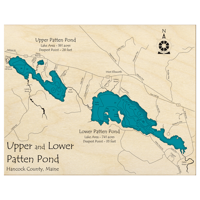 Bathymetric topo map of Upper and Lower Patten Pond, ME with roads, towns and depths noted in blue water.