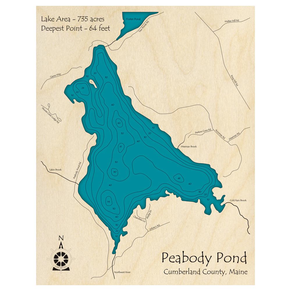Bathymetric topo map of Peabody Pond, ME with roads, towns and depths noted in blue water.