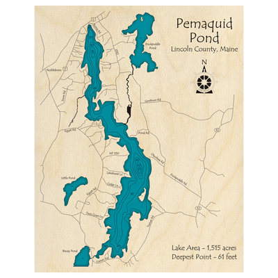 Bathymetric topo map of Pemaquid Pond, ME with roads, towns and depths noted in blue water.