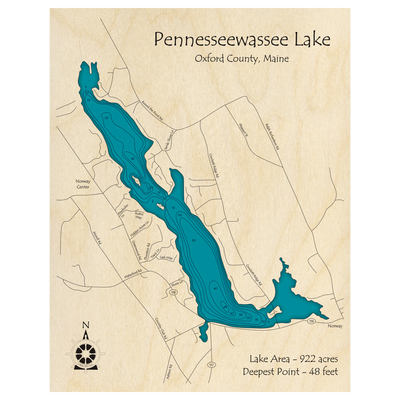 Bathymetric topo map of Pennesseewassee Lake, ME with roads, towns and depths noted in blue water.
