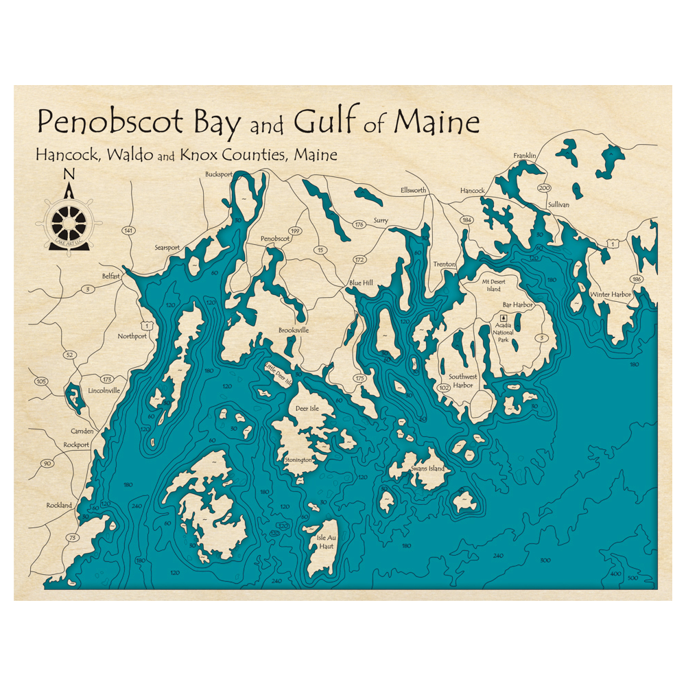 Bathymetric topo map of Penobscot Bay with Gulf of Maine, ME with roads, towns and depths noted in blue water.