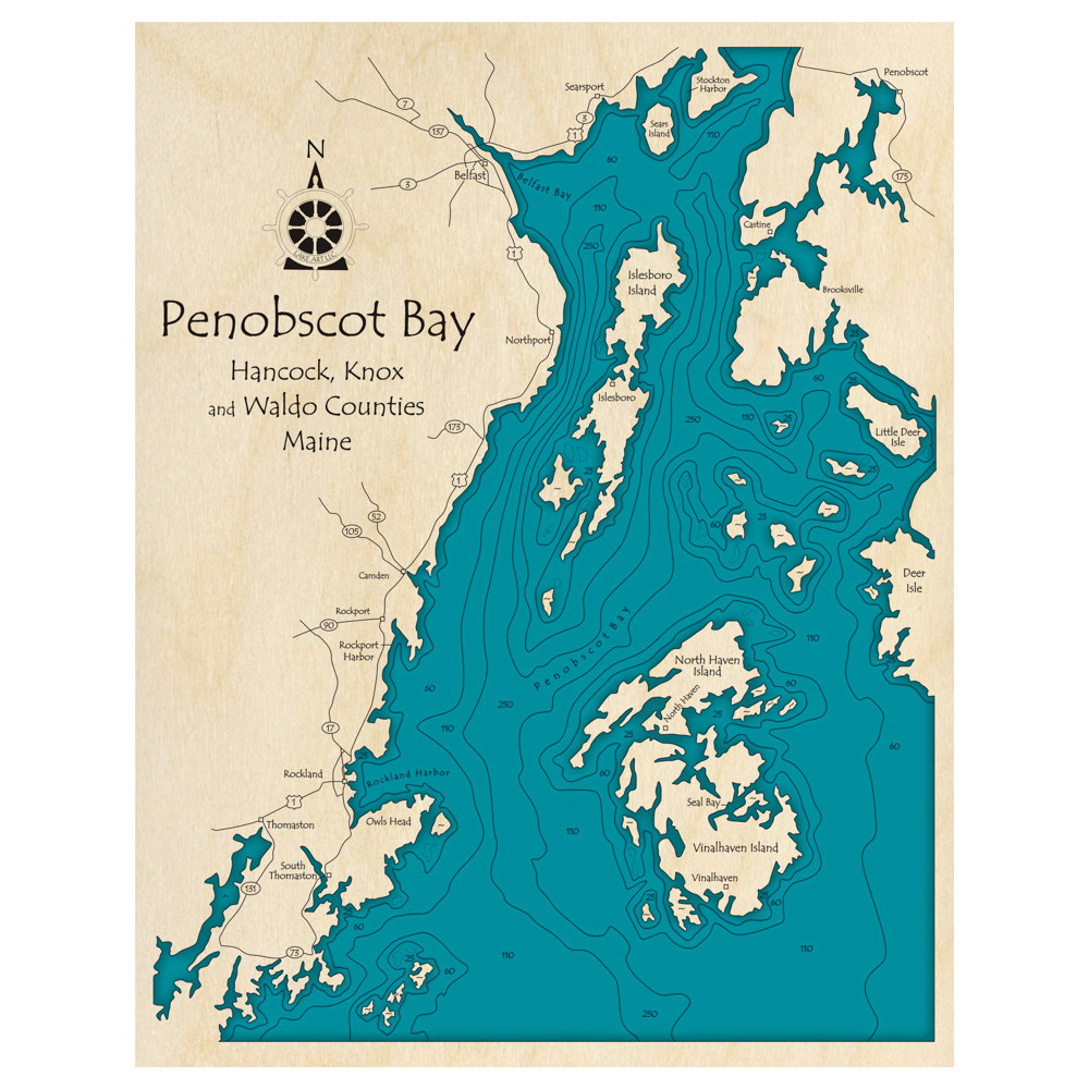 Bathymetric topo map of Penobscot Bay, ME with roads, towns and depths noted in blue water.