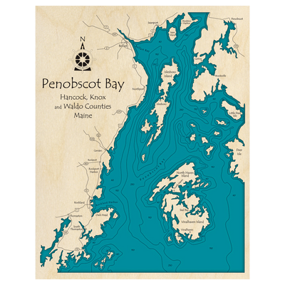 Bathymetric topo map of Penobscot Bay, ME with roads, towns and depths noted in blue water.