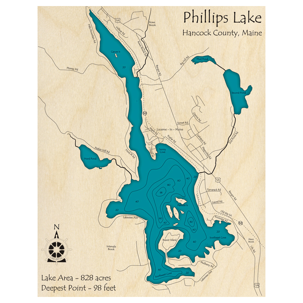 Bathymetric topo map of Phillips Lake, ME with roads, towns and depths noted in blue water.