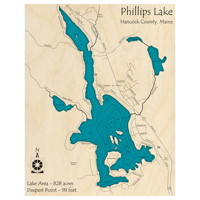 Bathymetric topo map of Phillips Lake, ME with roads, towns and depths noted in blue water.