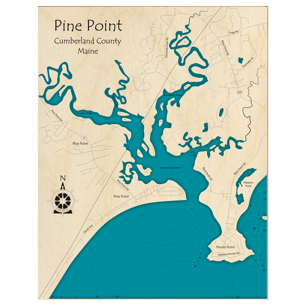Bathymetric topo map of Pine Point, ME with roads, towns and depths noted in blue water.