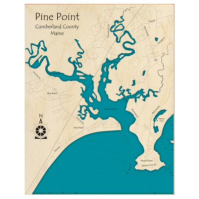 Bathymetric topo map of Pine Point, ME with roads, towns and depths noted in blue water.
