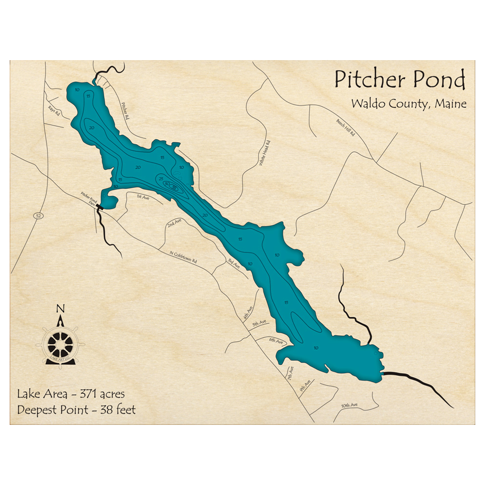 Bathymetric topo map of Pitcher Pond, ME with roads, towns and depths noted in blue water.