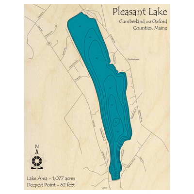 Bathymetric topo map of Pleasant Lake, ME with roads, towns and depths noted in blue water.