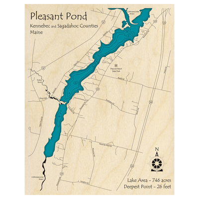 Bathymetric topo map of Pleasant Pond, ME with roads, towns and depths noted in blue water.