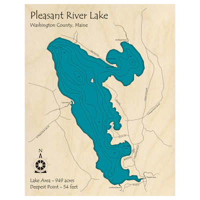 Bathymetric topo map of Pleasant River Lake, ME with roads, towns and depths noted in blue water.
