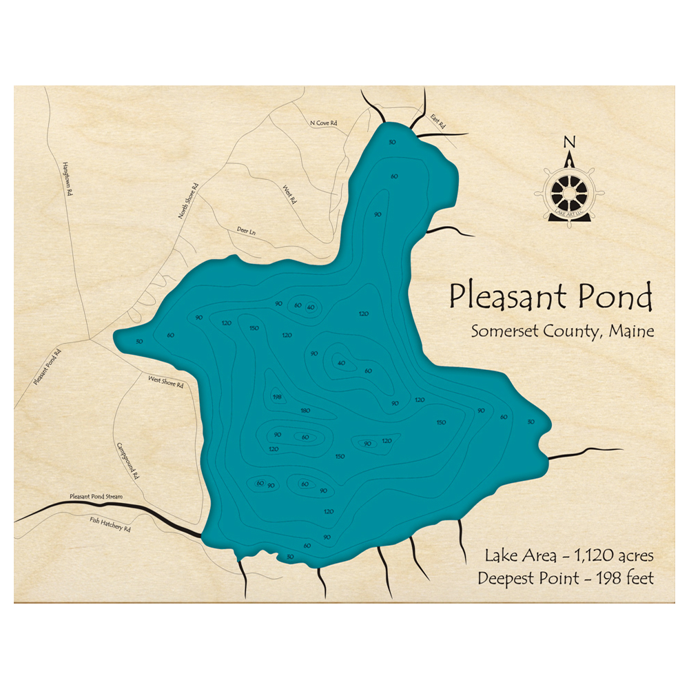 Bathymetric topo map of Pleasant Pond, ME with roads, towns and depths noted in blue water.
