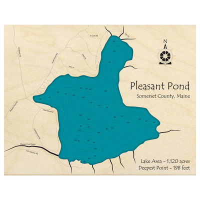 Bathymetric topo map of Pleasant Pond, ME with roads, towns and depths noted in blue water.