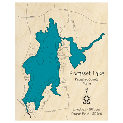 Bathymetric topo map of Pocasset Lake, ME with roads, towns and depths noted in blue water.