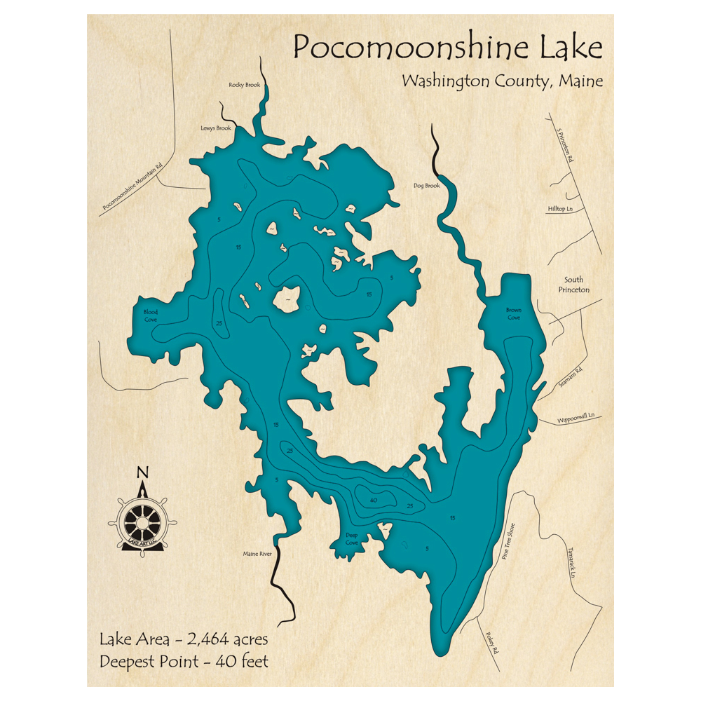 Bathymetric topo map of Pocomoonshine Lake, ME with roads, towns and depths noted in blue water.