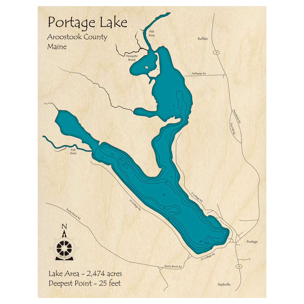 Bathymetric topo map of Portage Lake, ME with roads, towns and depths noted in blue water.
