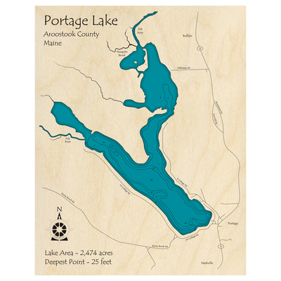 Bathymetric topo map of Portage Lake, ME with roads, towns and depths noted in blue water.