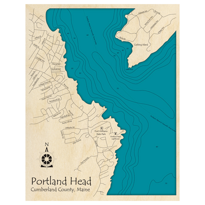 Bathymetric topo map of Portland Head, ME with roads, towns and depths noted in blue water.