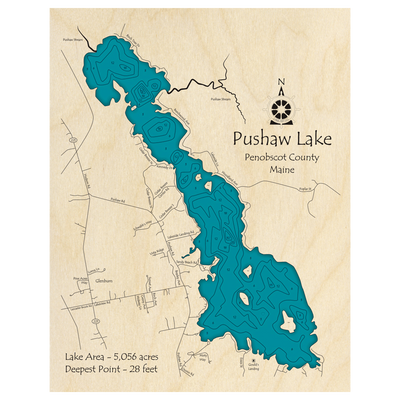 Bathymetric topo map of Pushaw Lake, ME with roads, towns and depths noted in blue water.
