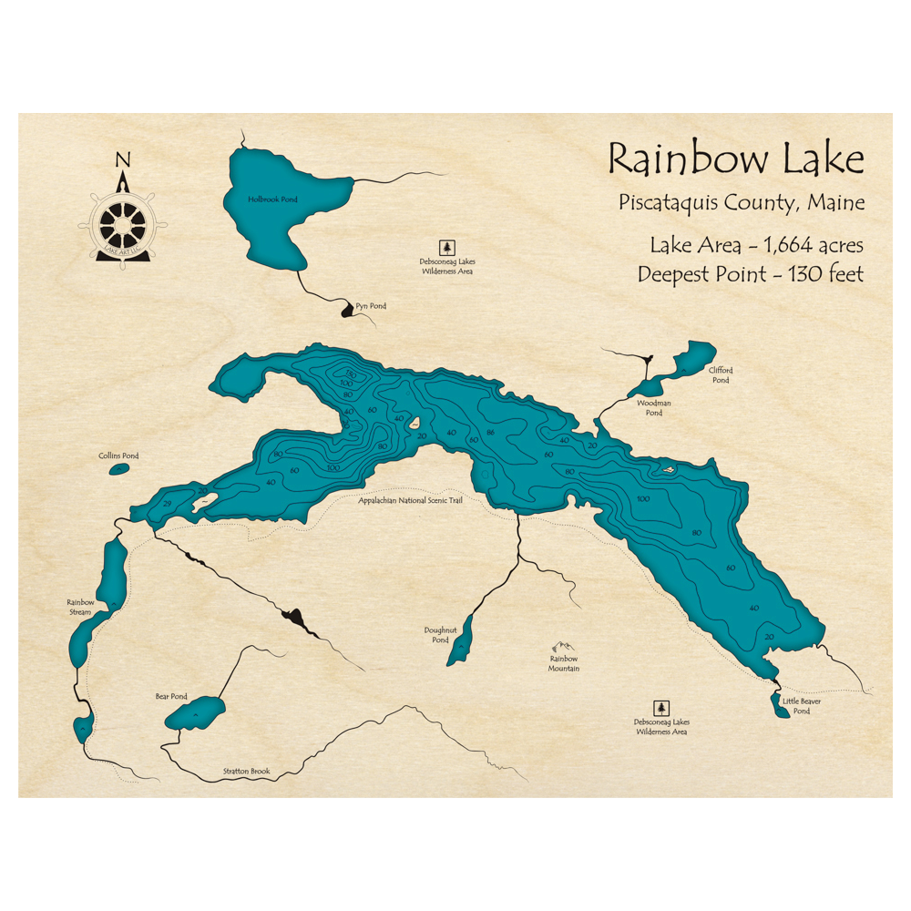 Bathymetric topo map of Rainbow Lake, ME with roads, towns and depths noted in blue water.