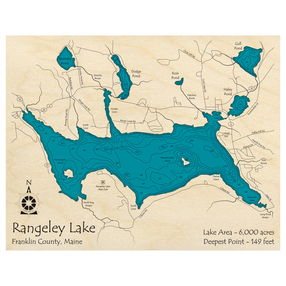 Bathymetric topo map of Rangeley Lake, ME with roads, towns and depths noted in blue water.