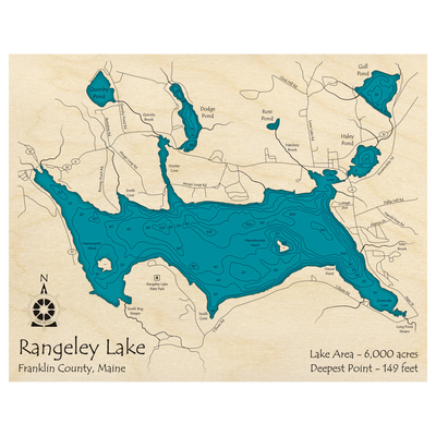 Bathymetric topo map of Rangeley Lake, ME with roads, towns and depths noted in blue water.