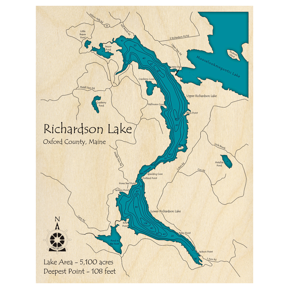 Bathymetric topo map of Richardson Lake, ME with roads, towns and depths noted in blue water.