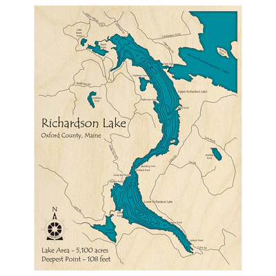 Bathymetric topo map of Richardson Lake, ME with roads, towns and depths noted in blue water.