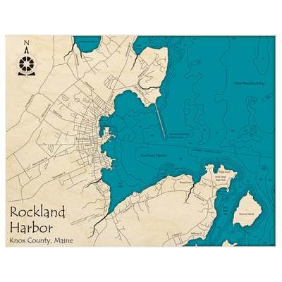 Bathymetric topo map of Rockland Harbor, ME with roads, towns and depths noted in blue water.