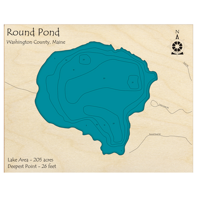 Bathymetric topo map of Round Pond, ME with roads, towns and depths noted in blue water.