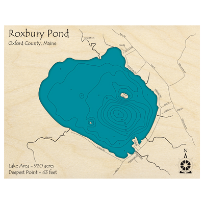 Bathymetric topo map of Roxbury Pond, ME with roads, towns and depths noted in blue water.