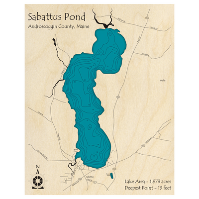 Bathymetric topo map of Sabattus Pond, ME with roads, towns and depths noted in blue water.