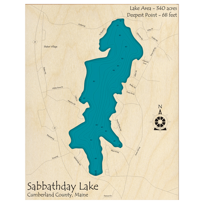 Bathymetric topo map of Sabbathday Lake, ME with roads, towns and depths noted in blue water.