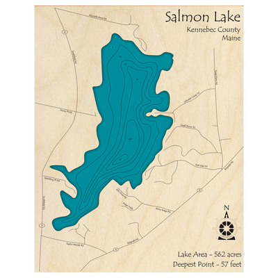 Bathymetric topo map of Salmon Lake, ME with roads, towns and depths noted in blue water.