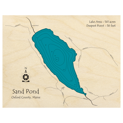 Bathymetric topo map of Sand Pond, ME with roads, towns and depths noted in blue water.