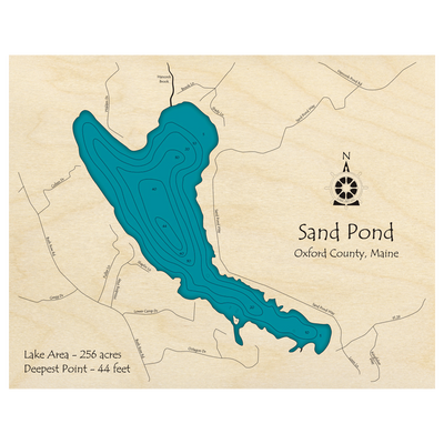 Bathymetric topo map of Sand Pond, ME with roads, towns and depths noted in blue water.