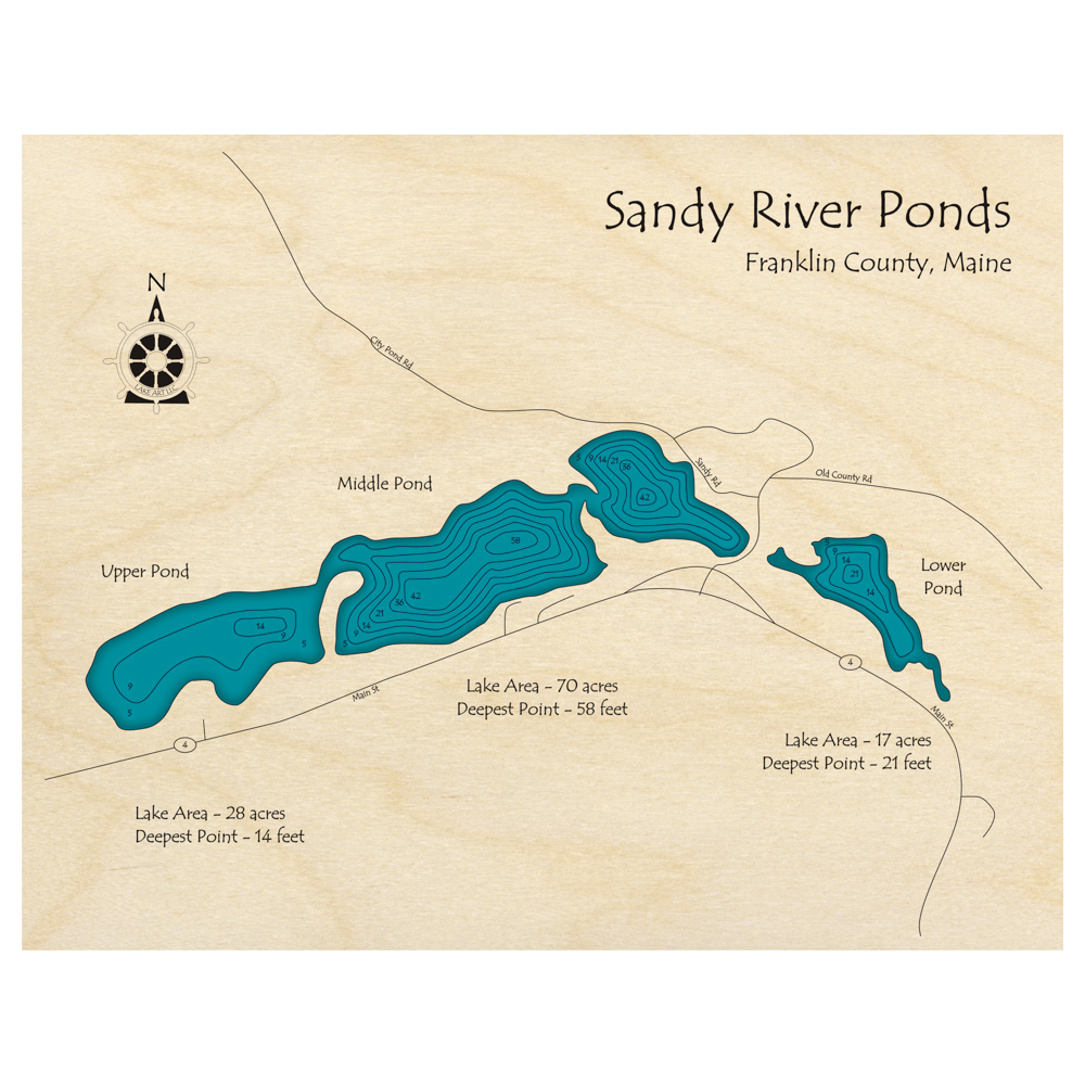 Bathymetric topo map of Sandy River Ponds, ME with roads, towns and depths noted in blue water.