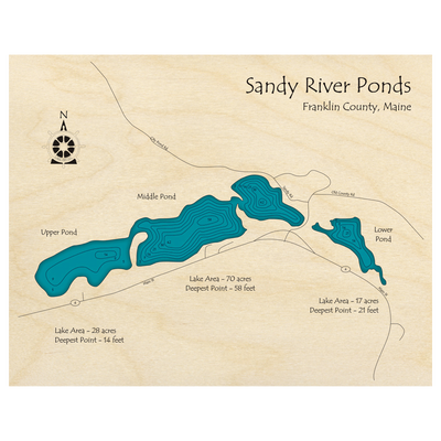 Bathymetric topo map of Sandy River Ponds, ME with roads, towns and depths noted in blue water.