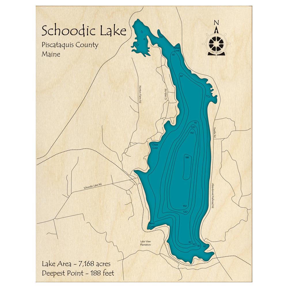 Bathymetric topo map of Schoodic Lake, ME with roads, towns and depths noted in blue water.