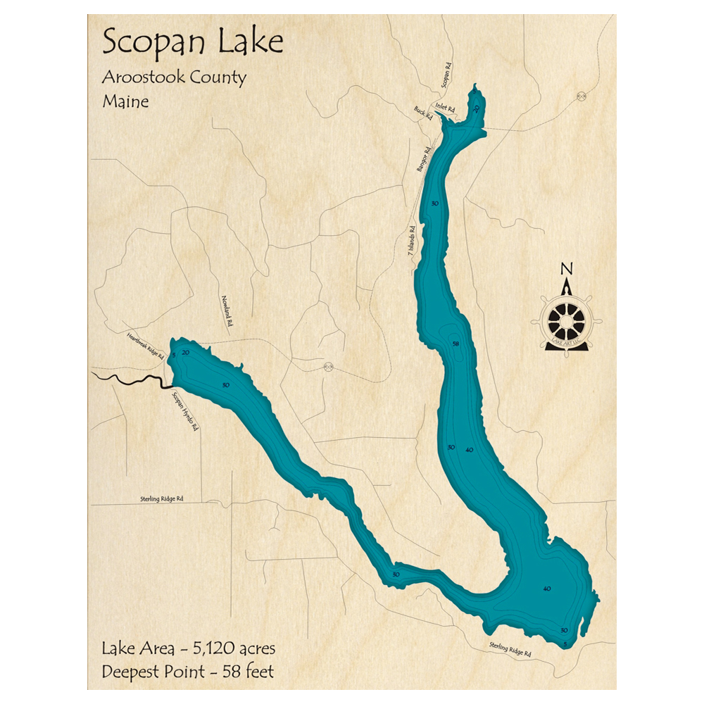 Bathymetric topo map of Scopan Lake, ME with roads, towns and depths noted in blue water.