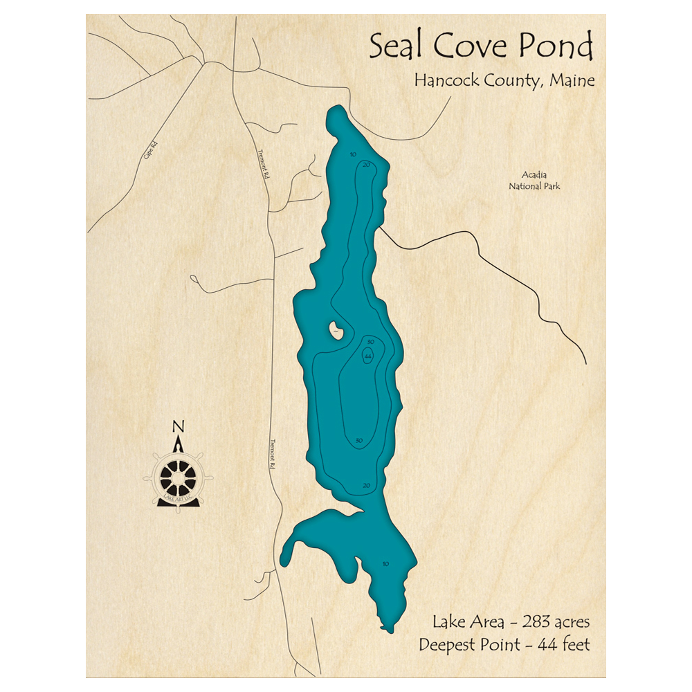 Bathymetric topo map of Seal Cove Pond, ME with roads, towns and depths noted in blue water.