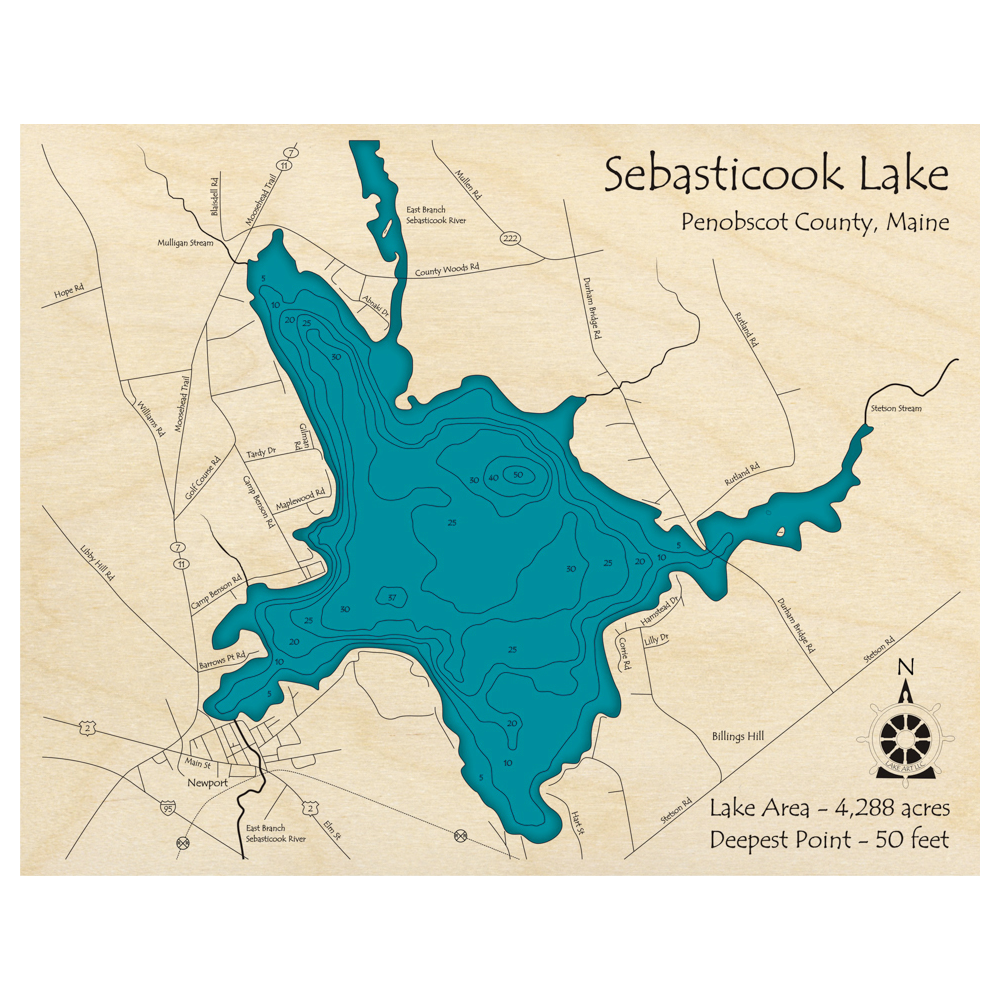 Bathymetric topo map of Sebasticook Lake, ME with roads, towns and depths noted in blue water.